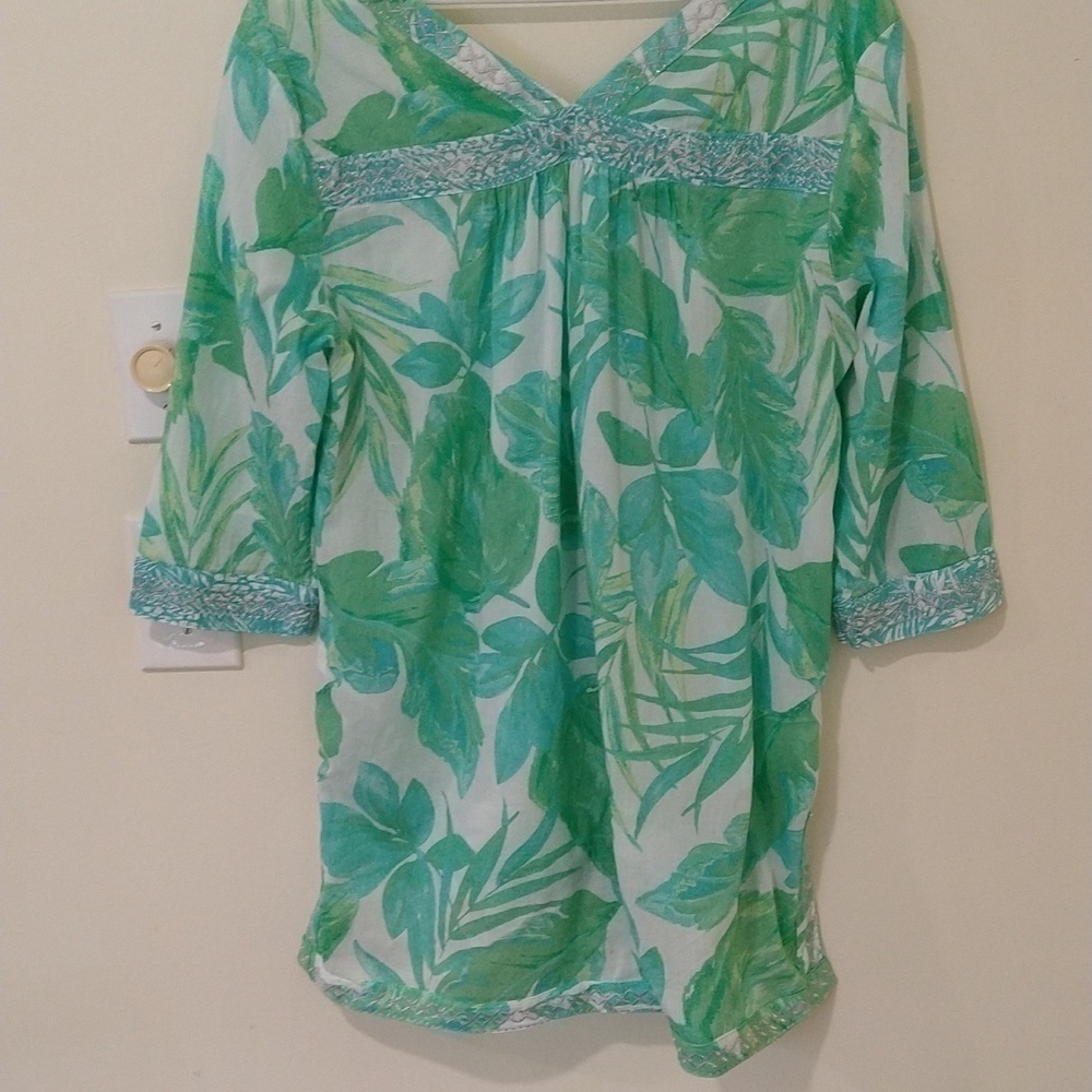 Christian Soriano tropical blue beachy Green cotton voile tunic top blouse M